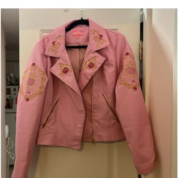 NWOT Sugar Thrillz Faux leather Embroidered Pink moto Jacket - Picture 2 of 4